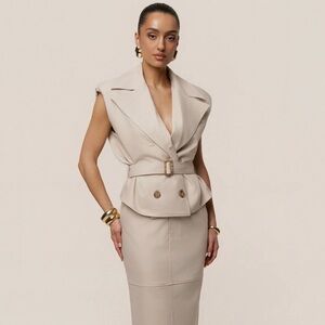 JLUXLABEL BEIGE IN FOCUS BELTED VEST AND SKIRT SET